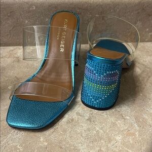 Kurt Geiger London Party Block Sandal - Blue Crystal Heel - Size 37